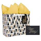 BIOBROWN 33cm Large Happy Birthday Gift Bag with Tissue Paper and Greeting Card, Black gold with Foil Design, Perfect for Mens Birthday - Image 1