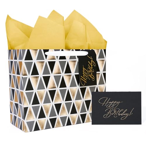 BIOBROWN 33cm Large Happy Birthday Gift Bag with Tissue Paper and Greeting Card, Black gold with Foil Design, Perfect for Mens Birthday