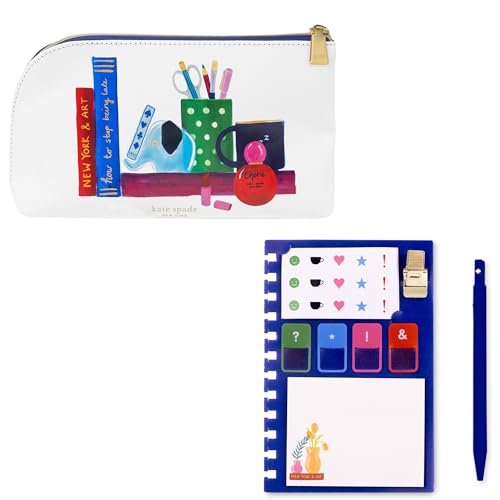kate spade new york Zipper Pouch Filled with Planner Stickers and Accessories, Set Includes Notepad, Sticker Tabs, Black Ink Pen and Holder, Vegan Leather Accessory Bag, Charmed Library