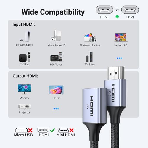 Image of UGREEN 10K 8K@60Hz 0.5FT HDMI Extender HDMI 2.1 Extension Cable Male to Female Adapter Cord 4K@240Hz High-Speed 48Gbps, Compatible with Switch 2 /Xbox Series X /Roku Stick /Blu-ray Laptop PC TV