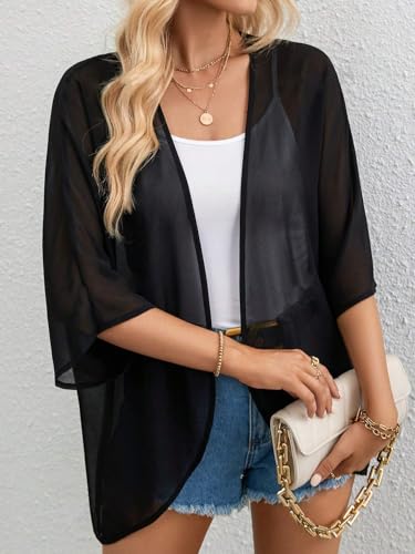 Image of Womens Kimonos Chiffon Cardigan Sheer Beach Cover Up for Women, 3 /4 Sleeve Tops Summer Vacation Outfits for Women