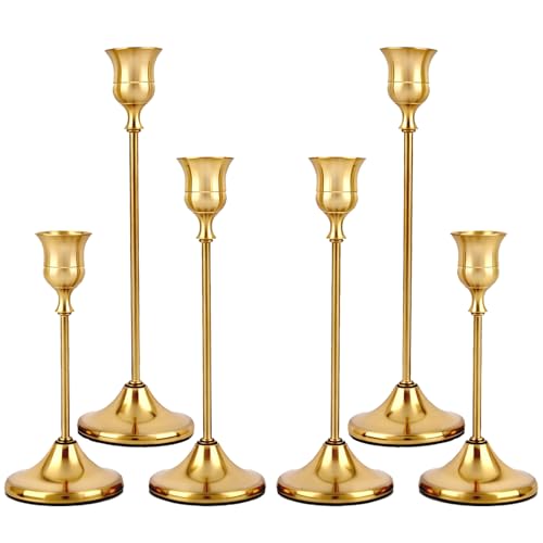 Set of 6 Gold Metal Taper Candlestick Holders...
