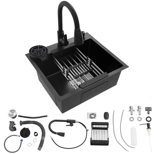 Fregadero de acero inoxidable de 50 x 45 cm, color negro, con grifo extraíble y lavavajillas para tazas, fregadero de cocina multifuncional, 1 lavabo, incluye tubo de drenaje, dispensador de jabón