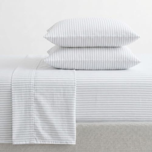 Image of Martha Stewart - Twin Sheet Set with Fitted Sheet & Pillowcase, Soft Cotton Flannel Bedding, Deep Pocket, Ticking Stripe Blue
