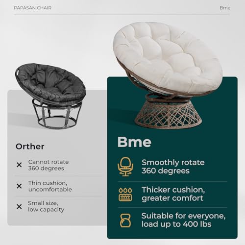 Image of Bme Ergonomic Wicker Papasan Chair with Soft Thick Density Fabric Cushion, High Capacity Steel Frame, 360 Degree Swivel for Living, Bedroom, Reading Room, Lounge, Arctic Snow - Brown Base