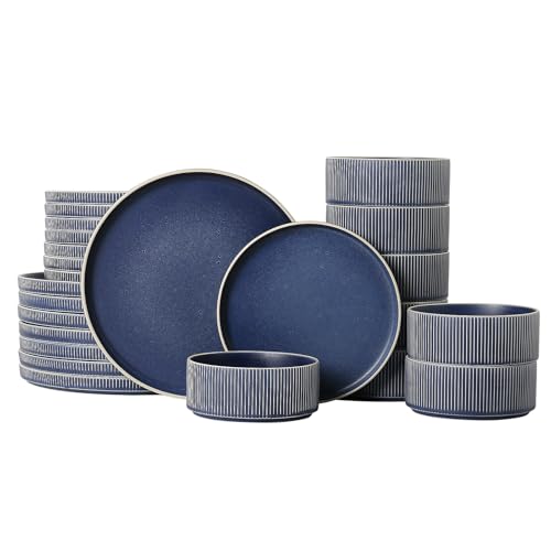 Image of Dinnerware Set Service for 8, 24-Piece Ceramic Plates and Bowls Set, Chip & Scratch Resistant, Microwave and Dishwasher Safe, Modern Minimalist Tableware for Everyday Use, Matte Blue