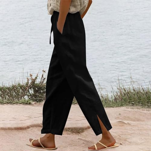 Ladies Trousers Linen Wide Leg Elasticated High Waist Palazzo Women Summer Lightweight Drawstring Baggy Lounge Pants Plain Straight Leg Comfy Casual Holiday Essentials Bottoms with Pocket Black - Image 2