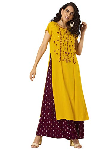 Image of Indya Yellow Maroon Embroidered Double Layered Tunic