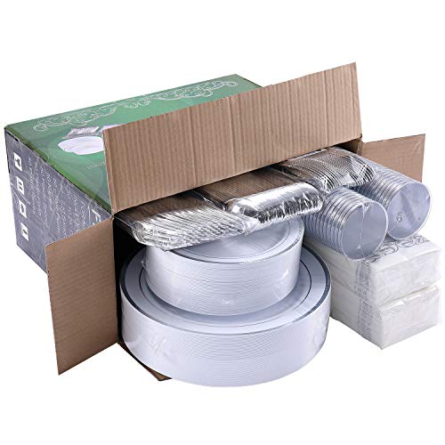 350 Piece Silver Dinnerware Set 50 Guest-100 Silver Rim Plastic Plates-50 Silver Plastic Silverware-50 Silver Plastic Cups-50 Linen Like Silver Paper Napkins,Focusline Disposable Dinnerware Set #TOP6