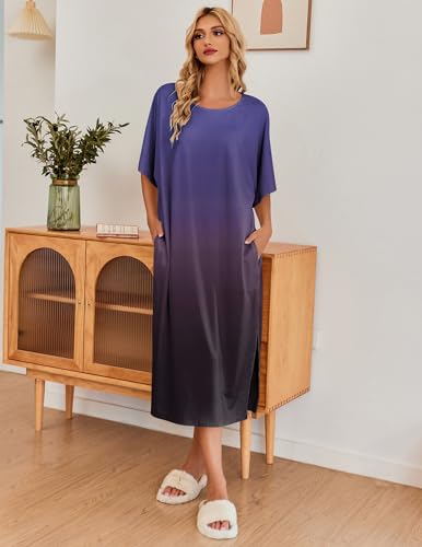 Image of Ekouaer Women's Nightgown Short Sleeve Sleepshirt Long Loungewear Casual Maxi Lounge Dress House Dresses with Pockets