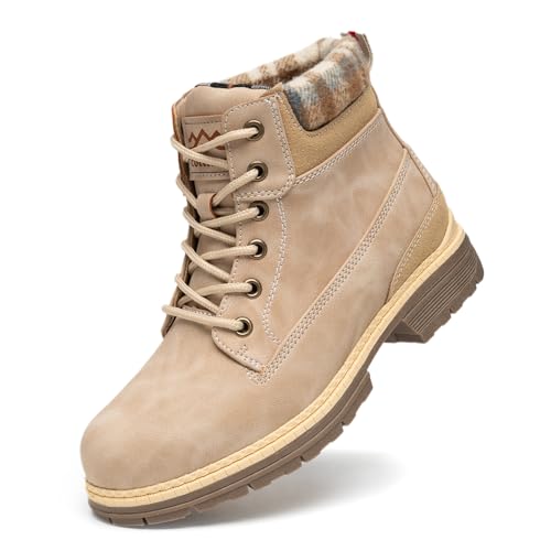 Image of COTTIMO Snow Hiking Winter Boots for Women - Casual Brown Combat Work Boot - Non-slip Fur-Lined Ankle Boots - Fashion Boots Waterproof Leather Shoes