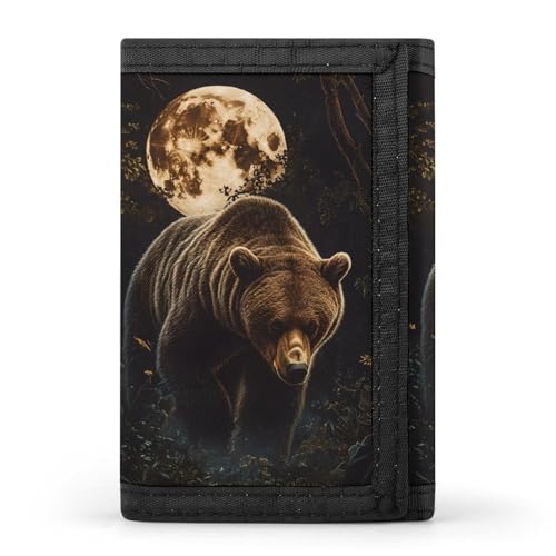 Grizzly Bear Walking Through Forests Trifold Wallets for Men with ID Window Thin Card Holder with Zipped Coin Pocket and Keychain