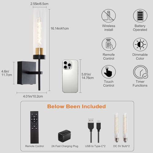 Image of Wall Sconces,Battery Operated Wall Sconce 8000mAh Black Fast Chargin Endurance 100 Hours Infinitely Dimmable 2 Color Bulbs 3000K /6000K with Remote Control Wireless Wall Lights for Bedroom Living