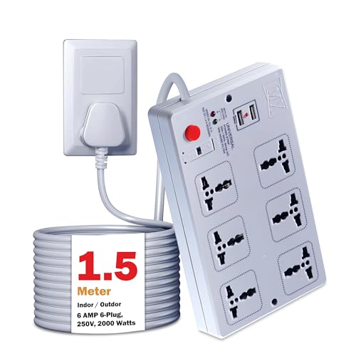 Image of MX 6-Outlet Power Strip with 2 USB Ports, Universal Socket, 1.5m Extension Cord, International Sockets, Master Switch, Multi-Plug Extension Board for Home & Office(5V 2400mA)