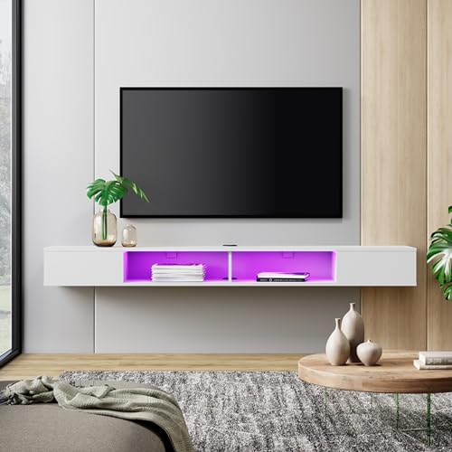 WAMPAT 70 Inch Floating TV Shelf with 16-Color LED Light, White Floating TV Stand Under TV Media Console for Living Room