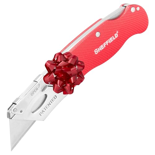 Sheffield 12614 Red Folding Utility Knife, Stocking Stuffers, Gifts for Men, Dad Gifts, Quick Change Utility Knife Blades, Compact Aluminum Handle, Box Cutter, Razor Blades Included
