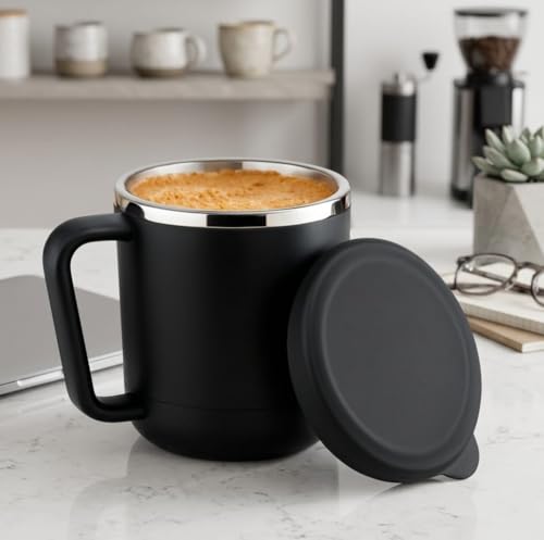 Image of ZANCA Coffee Mug with Lid Insulated Stainless Steel for Tea Milk Mug Inner Stylist Double Wall Cup for Home Office Restaurant Use Gift, 250 Milliliter (Black)