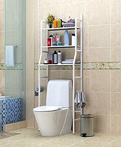 رف تخزين من ايفرمول مكون 3 طبقات قابل للتعديل ومضاد للانزلاق يوضع فوق المرحاض منظم موفر للمساحة قائم على الارض مطلي بمسحوق معدني أبيض