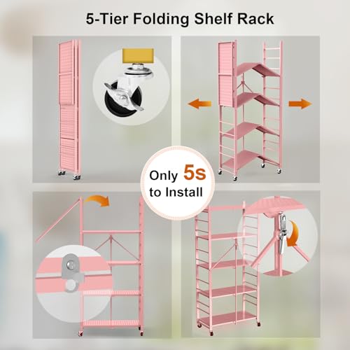 Image of Himix 5-Tier Folding Storage Shelves with 20 Hooks Wheels Home Pink | Folding shelving units, Metal collapsible organization, Wire shelf, No assembly, Kitchen, Room, Holds 440 Ibs No assembly