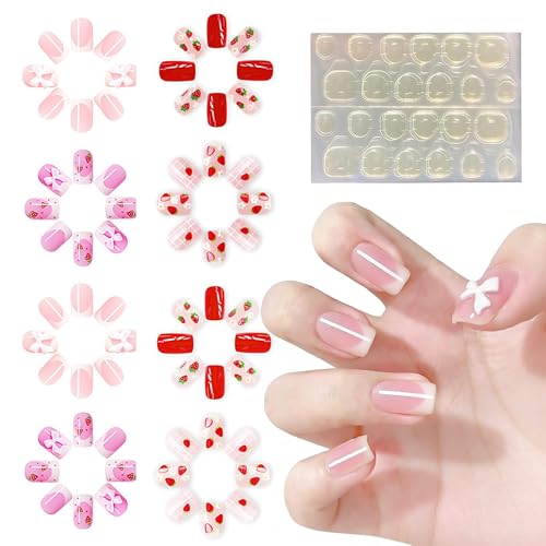 96 Pcs Stick on Nails for Kids Kids Press on Nails Children False Nails Childrens Short Full Cover Adhesive Fake Nails for Girls Nail Decoration Party Birthday Gifts 4 Styles