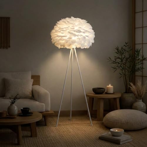 Floor Lamp for Living Room | Gold Stand with White Feather Shade ...