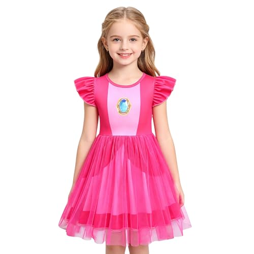 Fcercankyd Little Girls Pink Princess Peach Dress Ruffle Sleeve Tulle Costume Dress for Halloween Birthday Party 3-10 Years