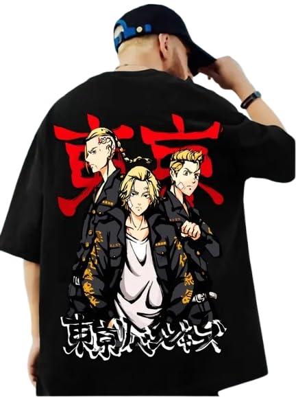 Image of Anime Graphic T-Shirts Collection, Oversized Black Cotton, Japanese Manga Print, Short Sleeve