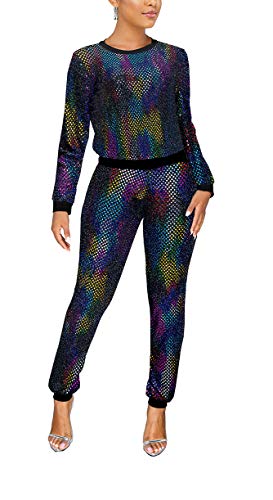 Aro Lora Women's 2 Piece Club Outfit Glitter Sequin Long Sleeve T Shirt Top Pant Set Party Bodycon Jumpsuits XX-Large Multicolor