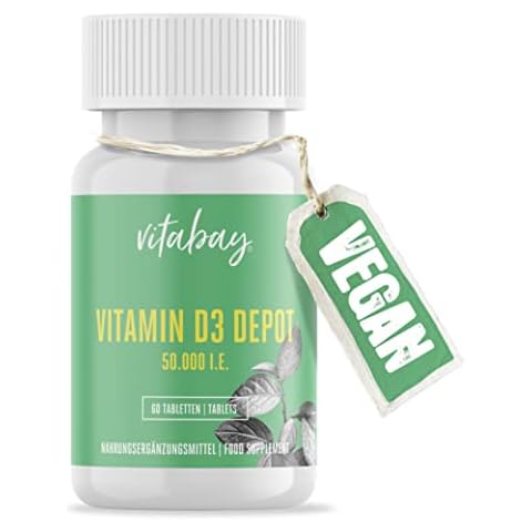 Vitabay Vitamin D3 Depot 50.000 I.E. • 60 vegane Tabletten • Hochdosiert • Familienpackung • Hergestellt aus Flechten • Made in Germany Cover