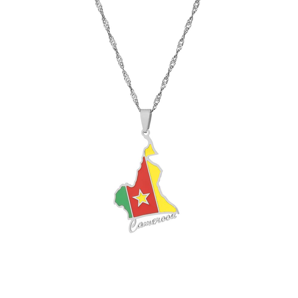 Cameroon Map and Flag Necklace for Women Men, Cameroonian Necklace Pendant Charm, Stainless Steel Map Jewelry Accessories