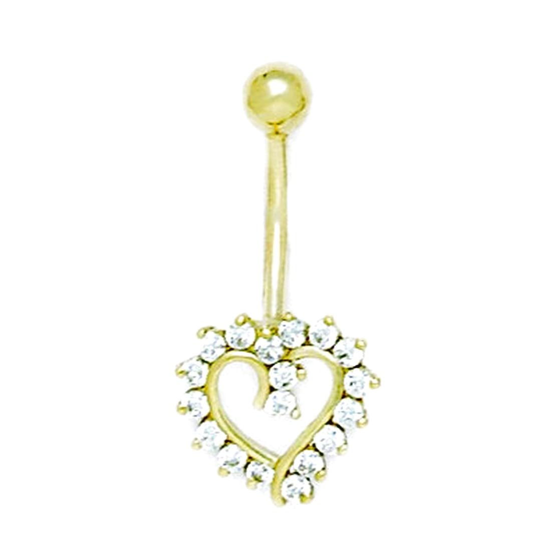 Bauchnabelring aus 14 Karat Gelbgold, Zirkonia, künstlicher Diamant, 14 Gauge, baumelnder Liebesherz, Körperschmuck, Maße: 28 x 13 mm, Schmuckgeschenk für Frauen, Metall, Zirkonia