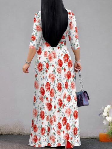 Image of Women's V Neck Floral Maxi Dress 3 /4 Sleeve Plus Size Boho Wrap Flowy Long Dresses with Belt
