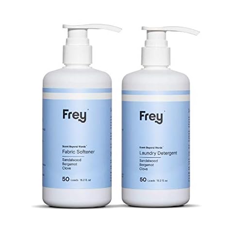 FREY Laundry Care Bundle: Concentrated Natural Laundry Detergent + Fabric Softener, Sandalwood, Bergamot, and Clove Scent, HE-Compatible Cover
