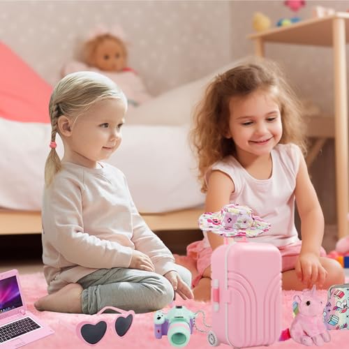 18 Inch Doll Suitcase Travel Luggage Play Set - Clothes Accessories, Travel Carrier Storage, Case, Hat, Sunglasses, Camera, Pillow, Toy Pet, and More