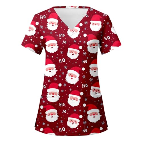 Navidad Uniforme de Trabajo Mujer uniformes quirúrgicos para mujer, ropa de trabajo, casual, cuello en V, manga corta, camisetas de trabajo, túnicas de belleza, divertidas camisetas de