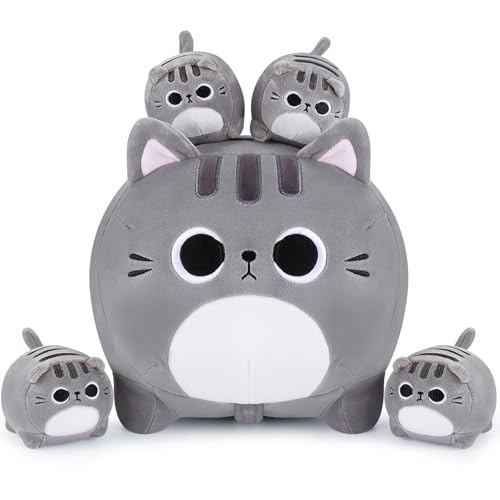 Image of 5 PCS Grey Cat Plush Stuffed Animal Family-15.8 inch Large Grey Cat Plush, Cat Mommy Cat with 4 Baby Kittens Cat Plushies for Kids, Kawaii Cat Plush Toy Christmas Birthday Gifts for Kids Boys Girls