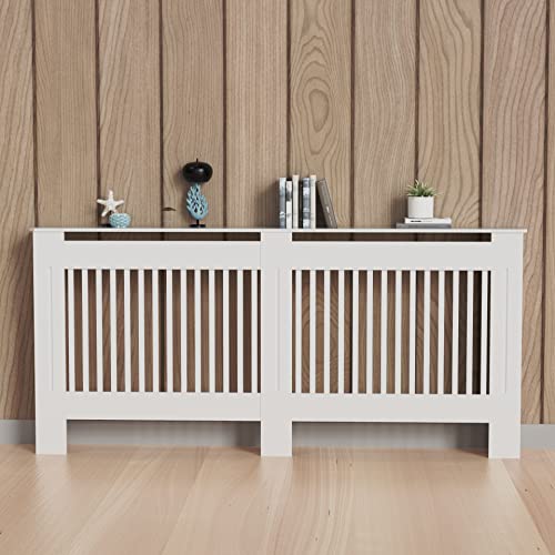 FATIVO Cubierta de Radiador Alta Blanca Moderna: Consola Cubreradiador de Madera Armario, 152 x 19 x 92 cm Cubre Radiador de MDF Estante para Radiador Calentador (Vertical)