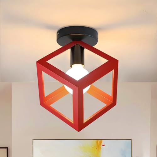 iDEGU Lámpara de Techo Vintage de Estilo Geométrico Retro Lámpara Colgante en Forma de Cubo de Metal Retro E27 Iluminación de Techo Interior para Dormitorio Salón Restaurante, 16 cm, Rojo