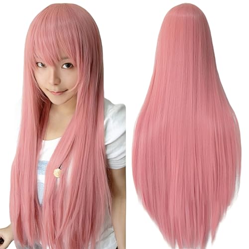 IMISSU Pelucas de Cosplay de pelo Natural liso de 80cm de largo con flequillo, peluca colorida de fiesta de disfraces de Halloween para niña (rojillo)