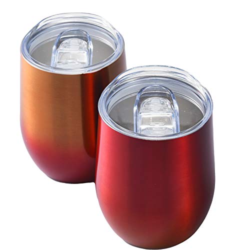 WUJO Vakuum-Edelstahl-Weinbecher mit Deckel, 2 bunte isolierte Thermobecher für Wein, Cocktails, Champagner, Kaffee, 340 ml (rot) Cover