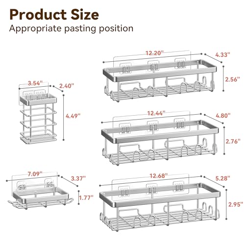 Image of YASONIC Shower Caddy Adhesive, 100% Rustproof Shower Organizer with Soap and Toothbrush Holder, Large Capacity Shower Shelves for Inside Shower, No Drill Shower Storage for Home (5 Pack Silver)