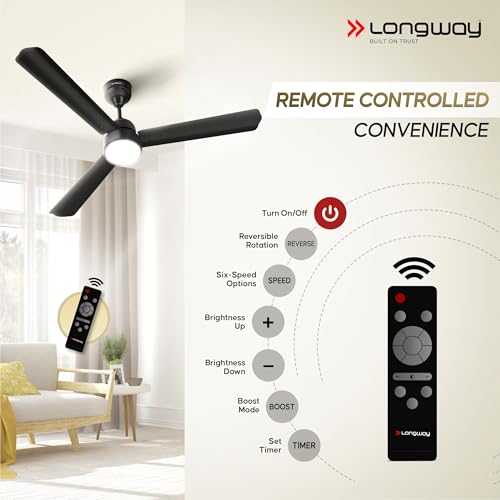 Image of LONGWAY Luminair 1200 mm BLDC Ceiling Fan with Remote Control & LED Light | BEE 5 Star Rated Energy Efficient | Ultra High Speed 3 Blade Anti-Dust Decorative Ceiling Fan (Smoked Brown, Pack of 1)