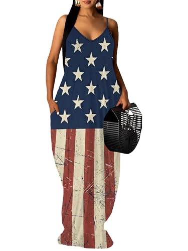 Image of Women's Summer Maxi Dress Spaghetti Strap Floral Boho Beach Long Sundress with Pockets