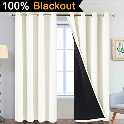 Image of Yakamok 100% Cream Blackout Curtains for Bedroom, Light Blocking Thermal Insulated Noise Reducing Blackout Drapes for Living Room(52Wx84L, 2 Panels)
