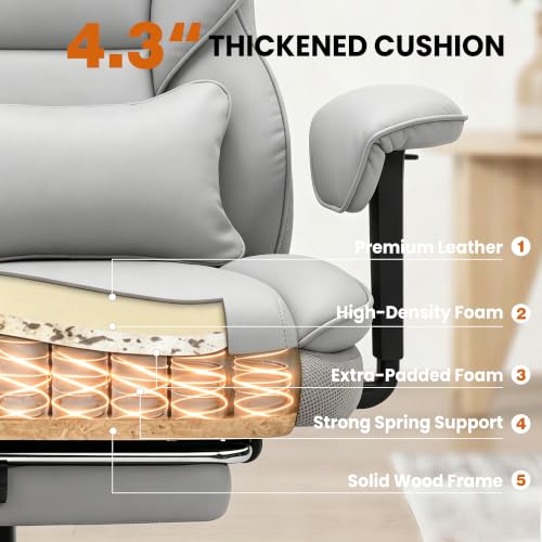 Image of Office Desk Chair, Big and Tall Gaming Chair with Foot Rest, Ergonomic High Back Computer Chair with Soft Adjustable Armrests, Lumbar Support Pillow, Executive Leather Chair (PU, Grey)
