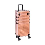 4 in 1 Rolling Makeup Train Case, Professional Aluminum Makeup Travel Organizer Cosmetic Case, Cosmetology Caboodle Case on 360° Wheels, Beauty Storage Luggage Lockable(Rose Gold)