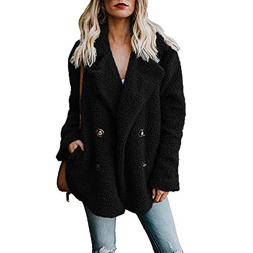 Byinns Women's Lapel Plush Coat Winter Open Front Plus Size Jacket Outwear with Pockets Black