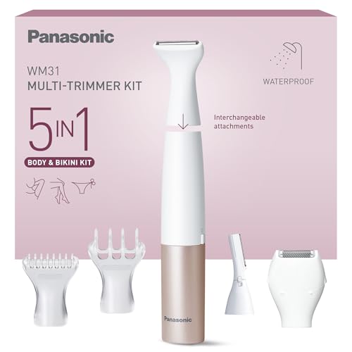 Panasonic ES-WM31 en 1 Kit para Cuerpo y Zona Del Bikini, Depiladora, Afeitadora, Recortadora de la Zona Del Bikini, 5 Accesorios, Resistente Al Agua IPX7, Seco y Húmedo, Pilas (1 AA), Oro Blanco