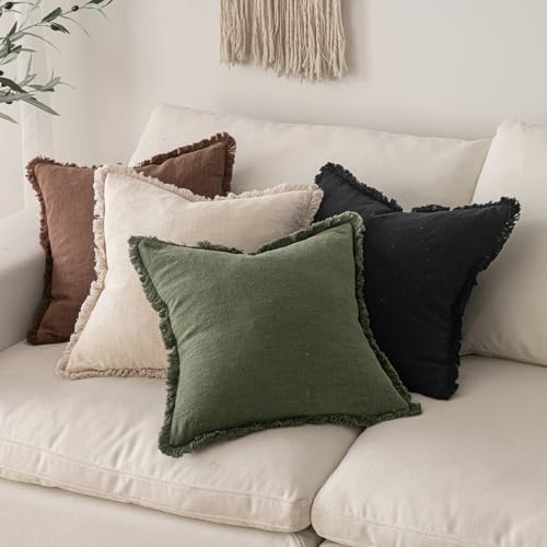 Image of MIULEE Decorative Throw Pillow Covers Neutral Linen Fringe Throw Pillows Euro Shams Set of 2 Black Boho Farmhouse Cushion Covers for Couch Sofa Bed Living Room Spring Home Decor 22x22 Inch