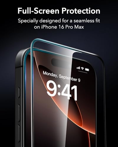 ESR 3 Packs for iPhone 16 Pro Max Tempered Glass Screen Protector Guard, 9H+ Hardness, Military-Grade Shatterproof, Full Coverage Film with Flawless Fit Tray, HD Clear